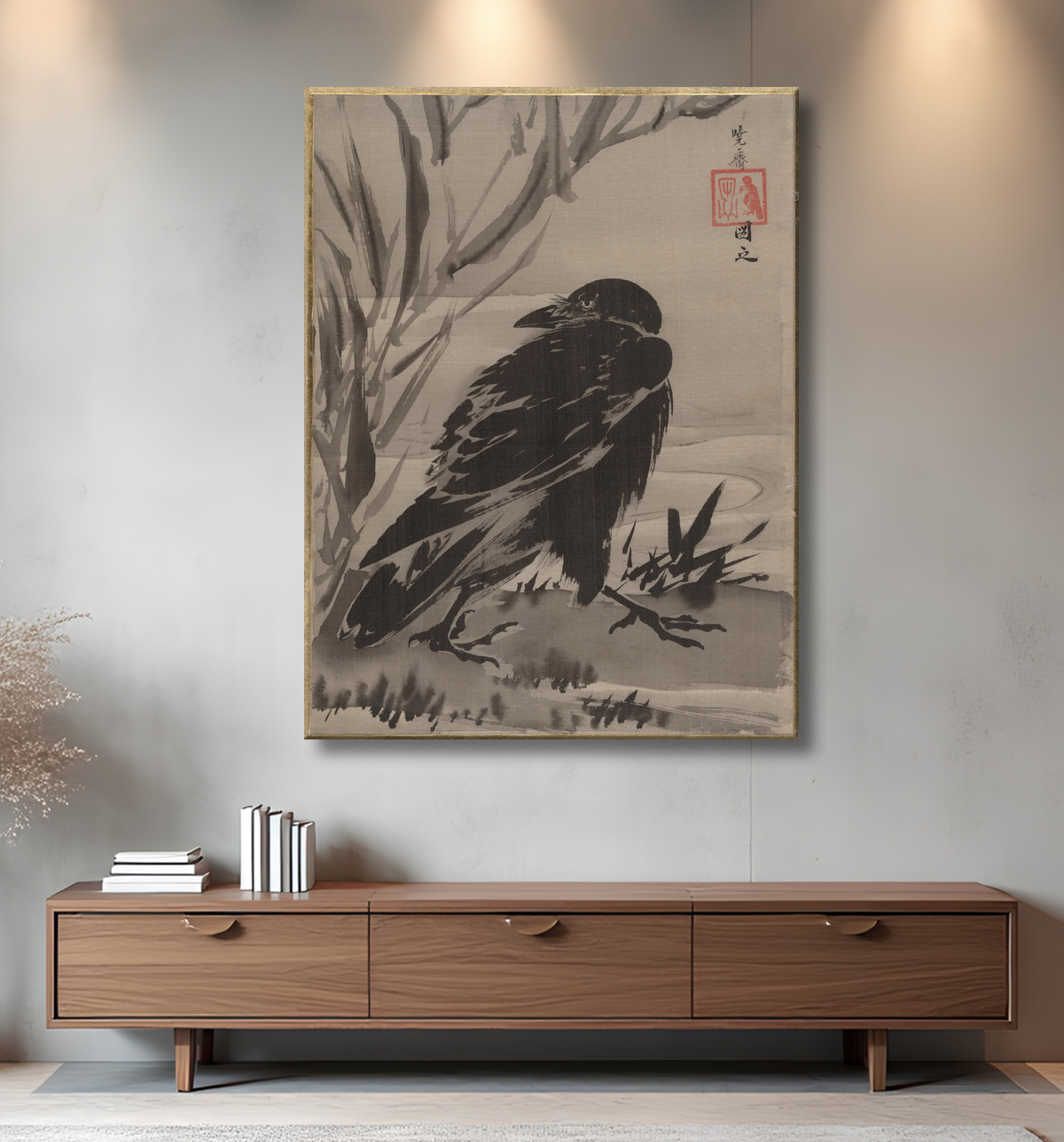 Reproduction Corbeau et roseaux par un ruisseau de Kawanabe Kyōsai 河鍋暁斎 avec decor