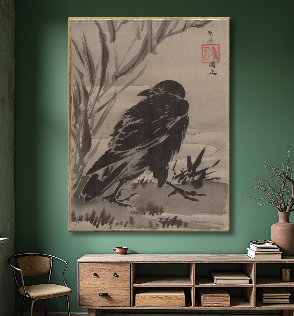 Reproduction Corbeau et roseaux par un ruisseau de Kawanabe Kyōsai 河鍋暁斎 avec decor