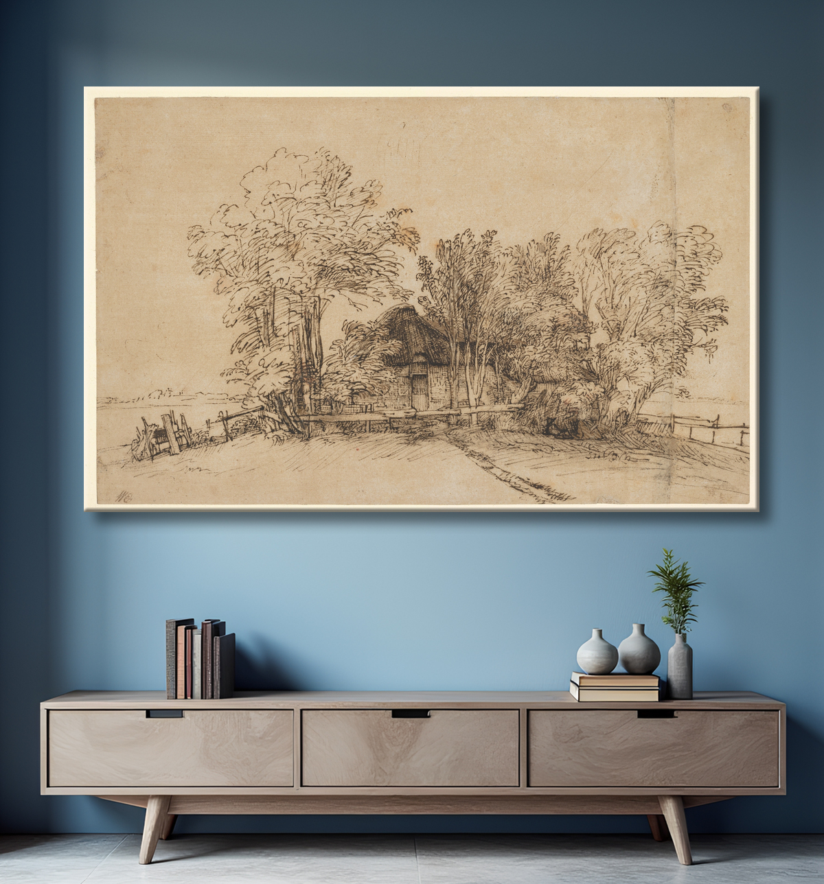 Reproduction Cottage parmi les arbres de Rembrandt (Rembrandt van Rijn) avec decor