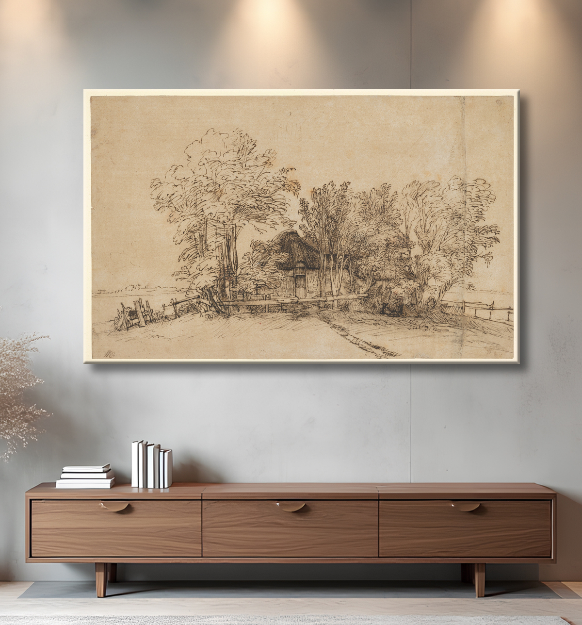 Reproduction Cottage parmi les arbres de Rembrandt (Rembrandt van Rijn) avec decor