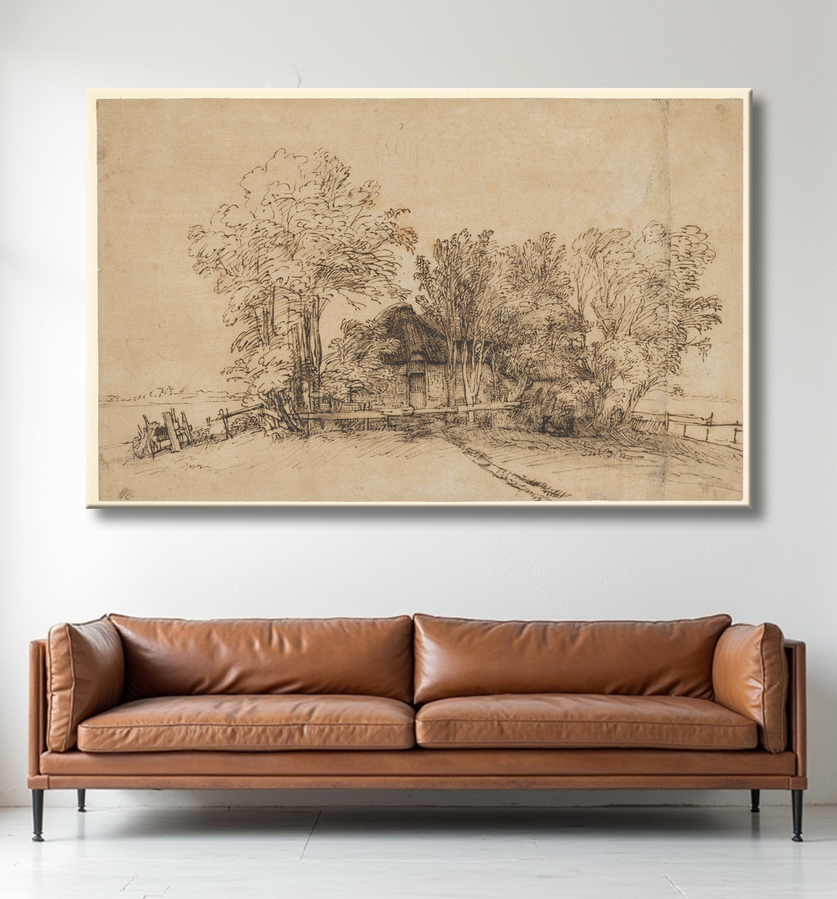 Reproduction Cottage parmi les arbres de Rembrandt (Rembrandt van Rijn) avec decor