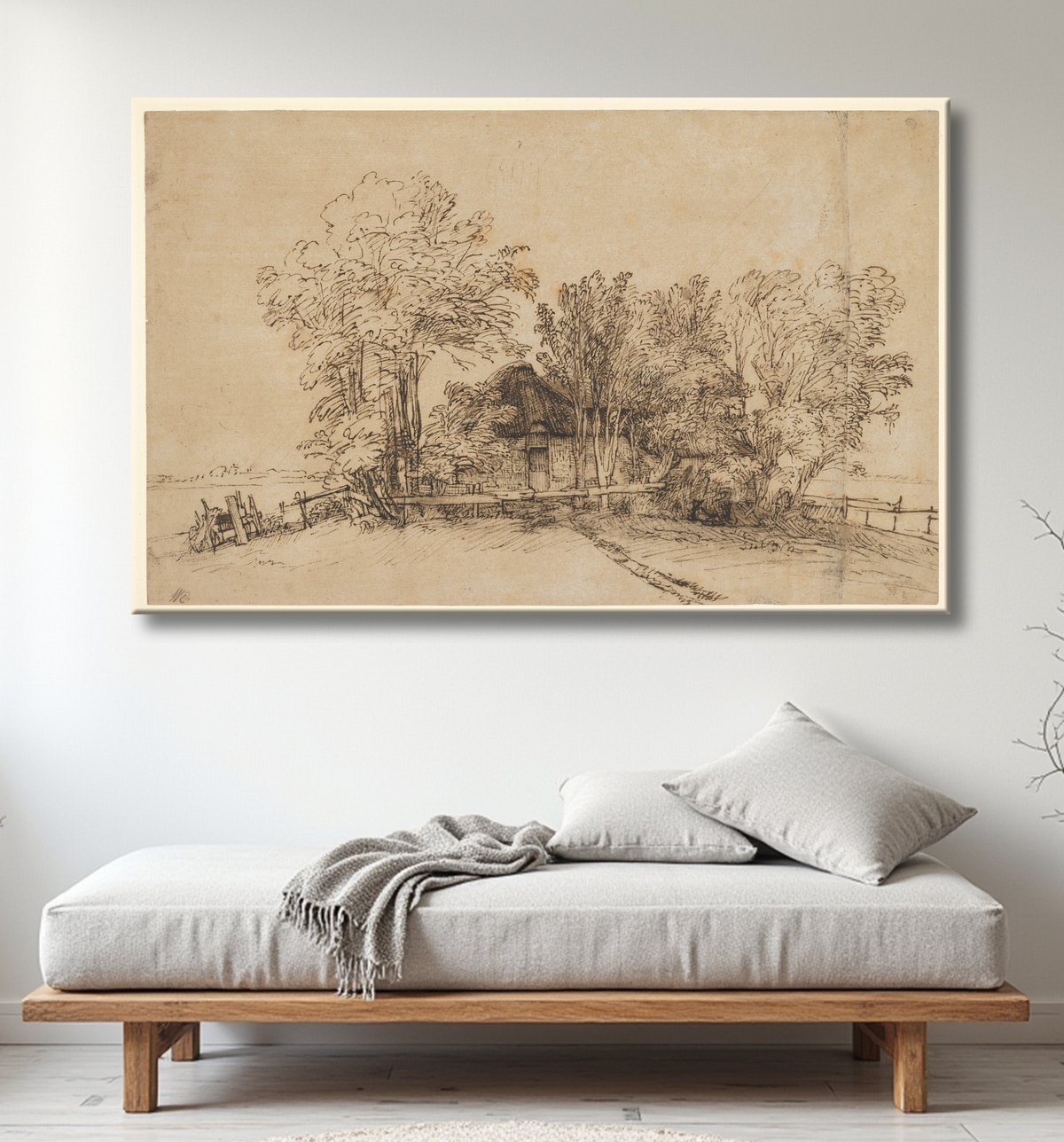 Reproduction Cottage parmi les arbres de Rembrandt (Rembrandt van Rijn) avec decor