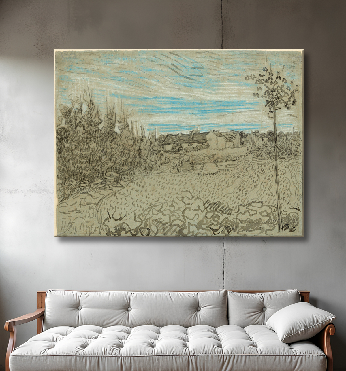 Reproduction Cottages avec une femme travaillant au milieu de Vincent van Gogh avec decor