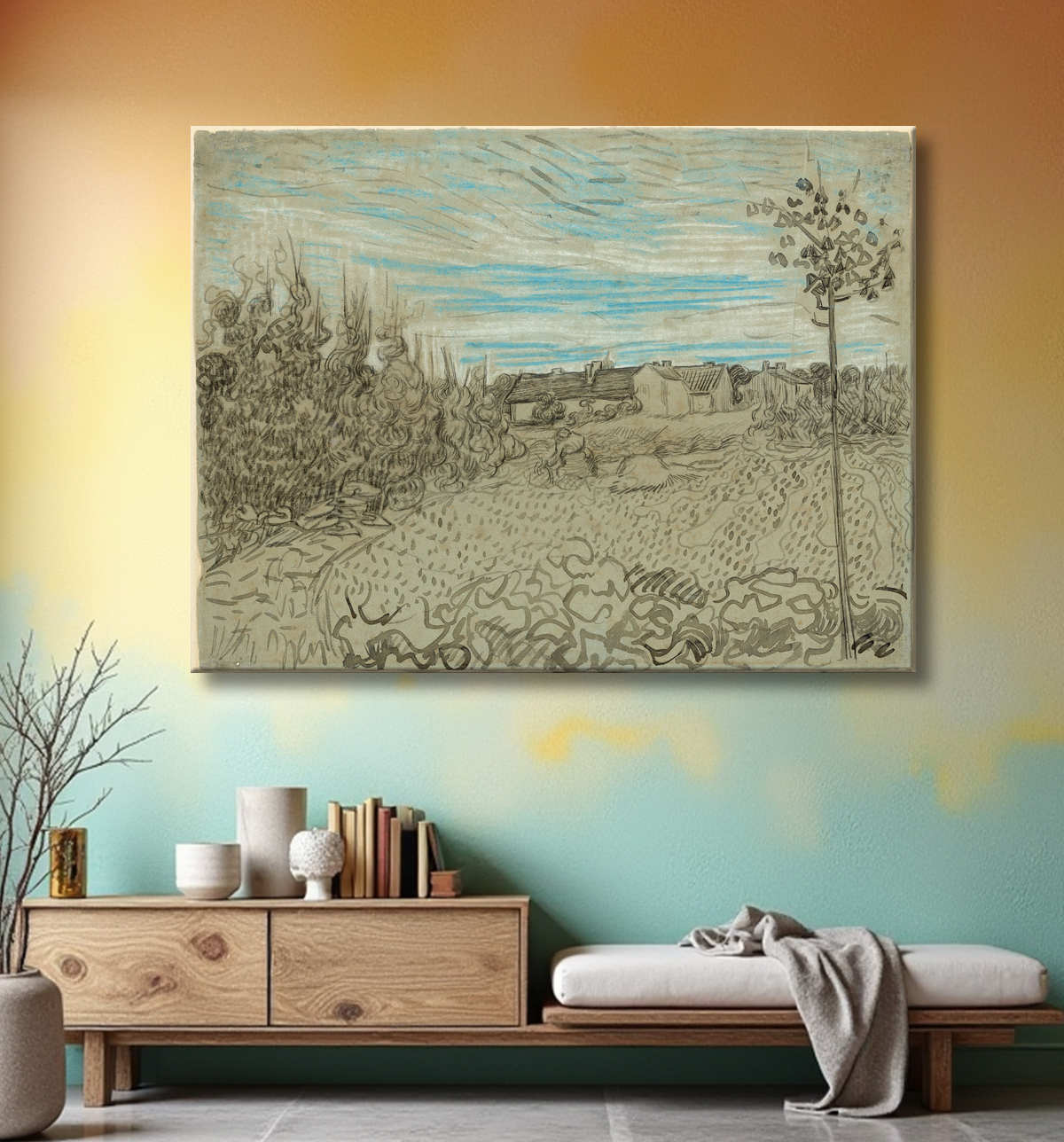 Reproduction Cottages avec une femme travaillant au milieu de Vincent van Gogh avec decor