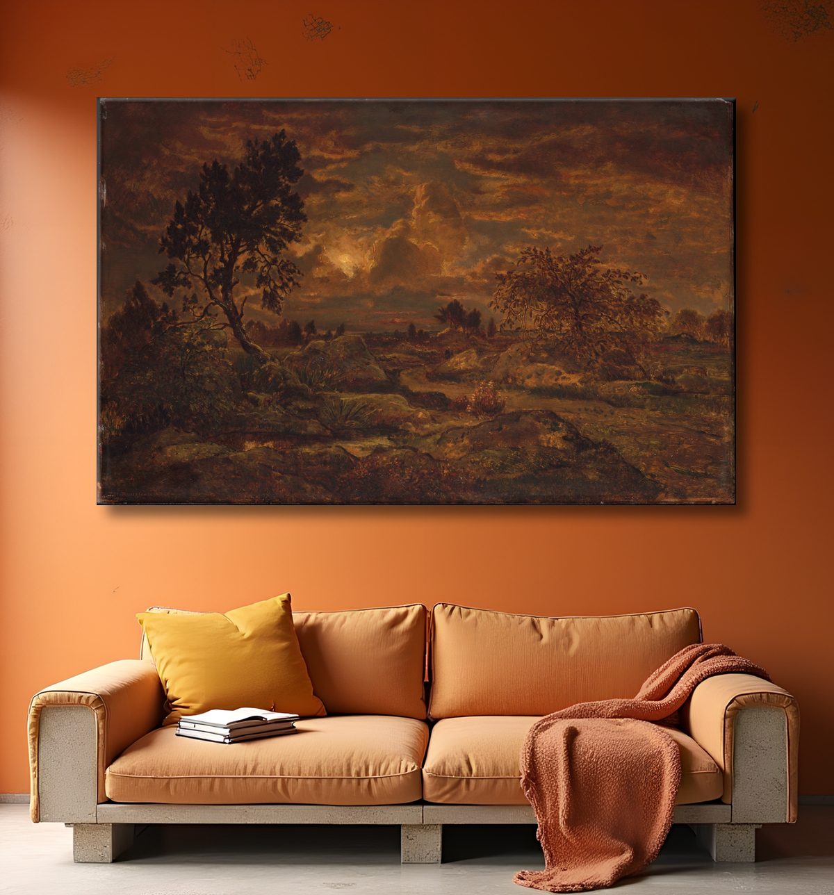 Reproduction Coucher de soleil près d'Arbonne de Théodore Rousseau avec decor