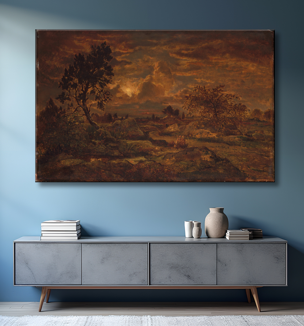 Reproduction Coucher de soleil près d'Arbonne de Théodore Rousseau avec decor