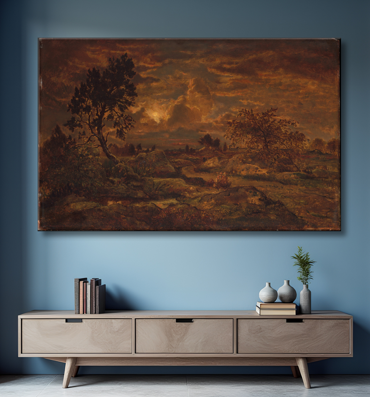 Reproduction Coucher de soleil près d'Arbonne de Théodore Rousseau avec decor