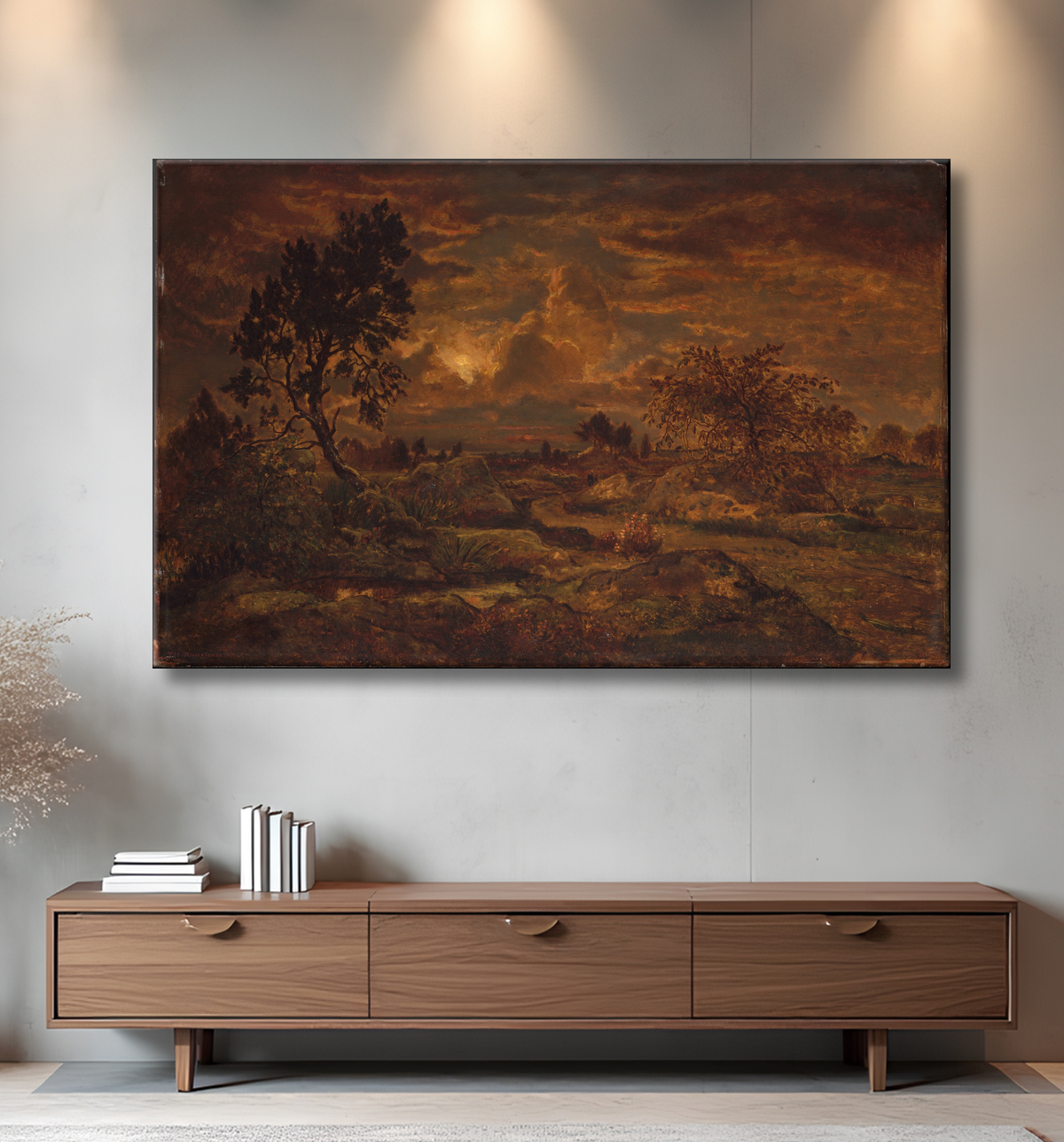 Reproduction Coucher de soleil près d'Arbonne de Théodore Rousseau avec decor