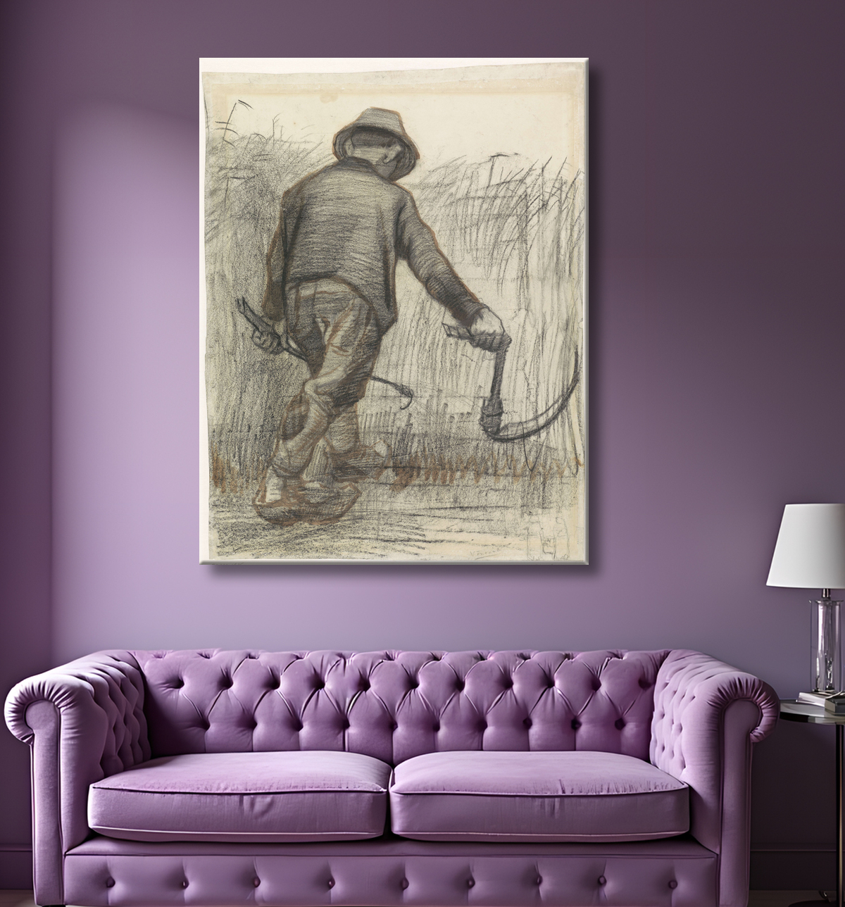 Reproduction Coupe-maïs avec chapeau, vu de dos de Vincent van Gogh avec decor