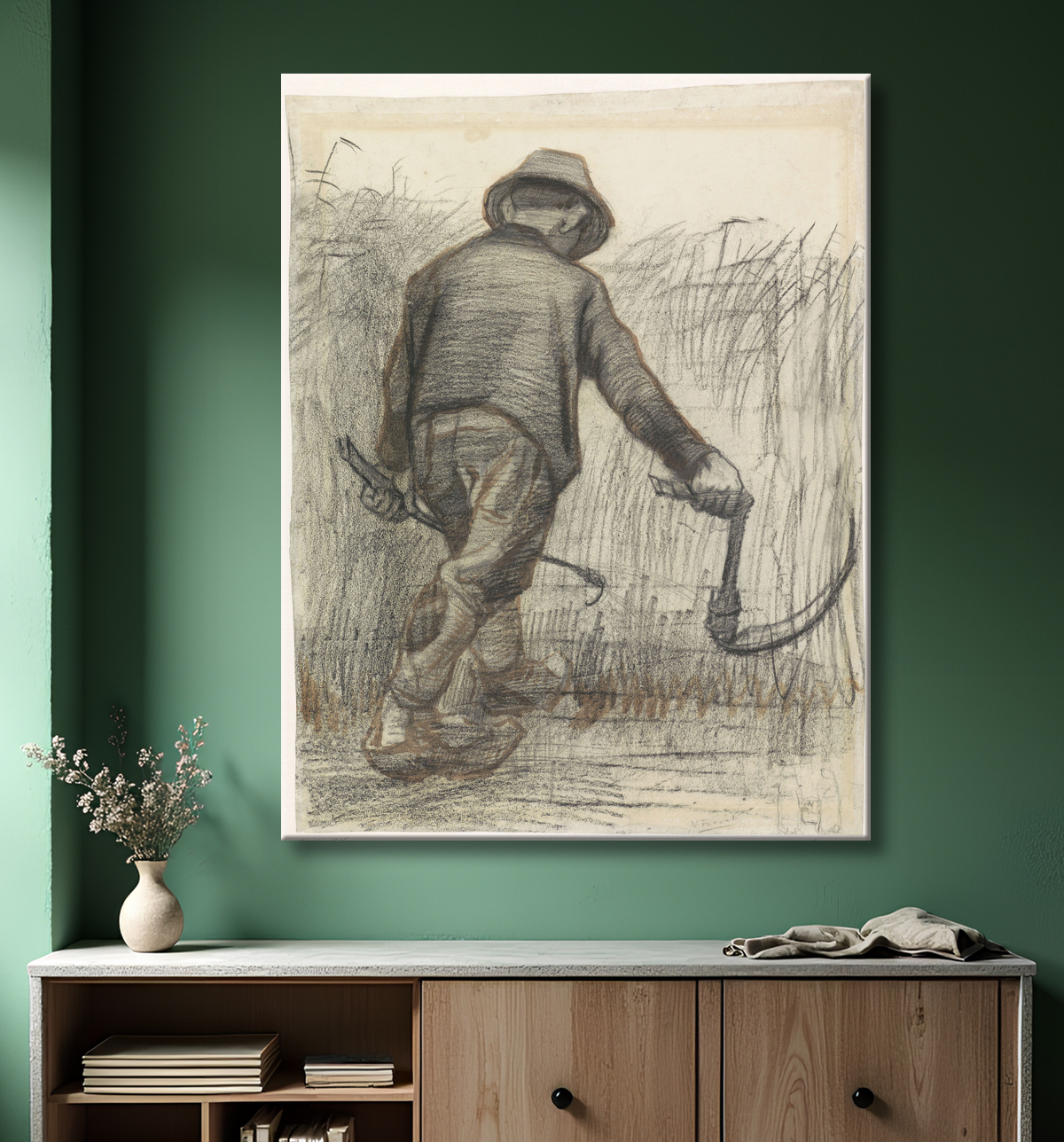 Reproduction Coupe-maïs avec chapeau, vu de dos de Vincent van Gogh avec decor