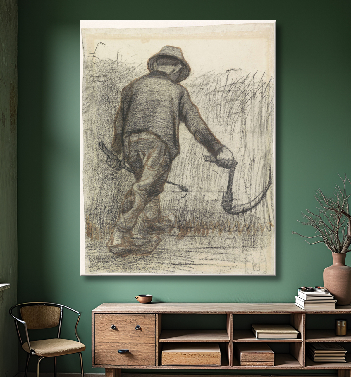 Reproduction Coupe-maïs avec chapeau, vu de dos de Vincent van Gogh avec decor