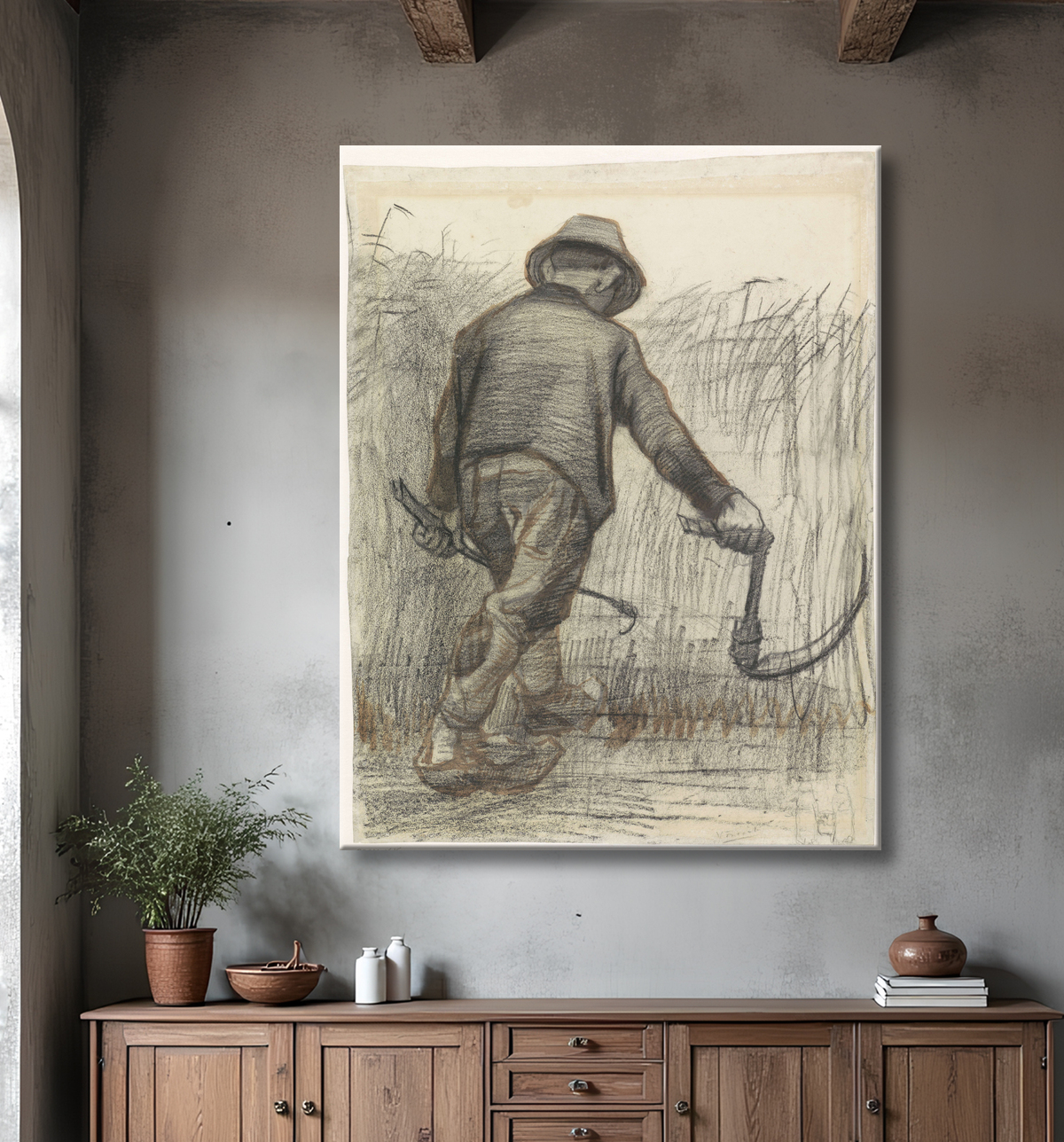 Reproduction Coupe-maïs avec chapeau, vu de dos de Vincent van Gogh avec decor