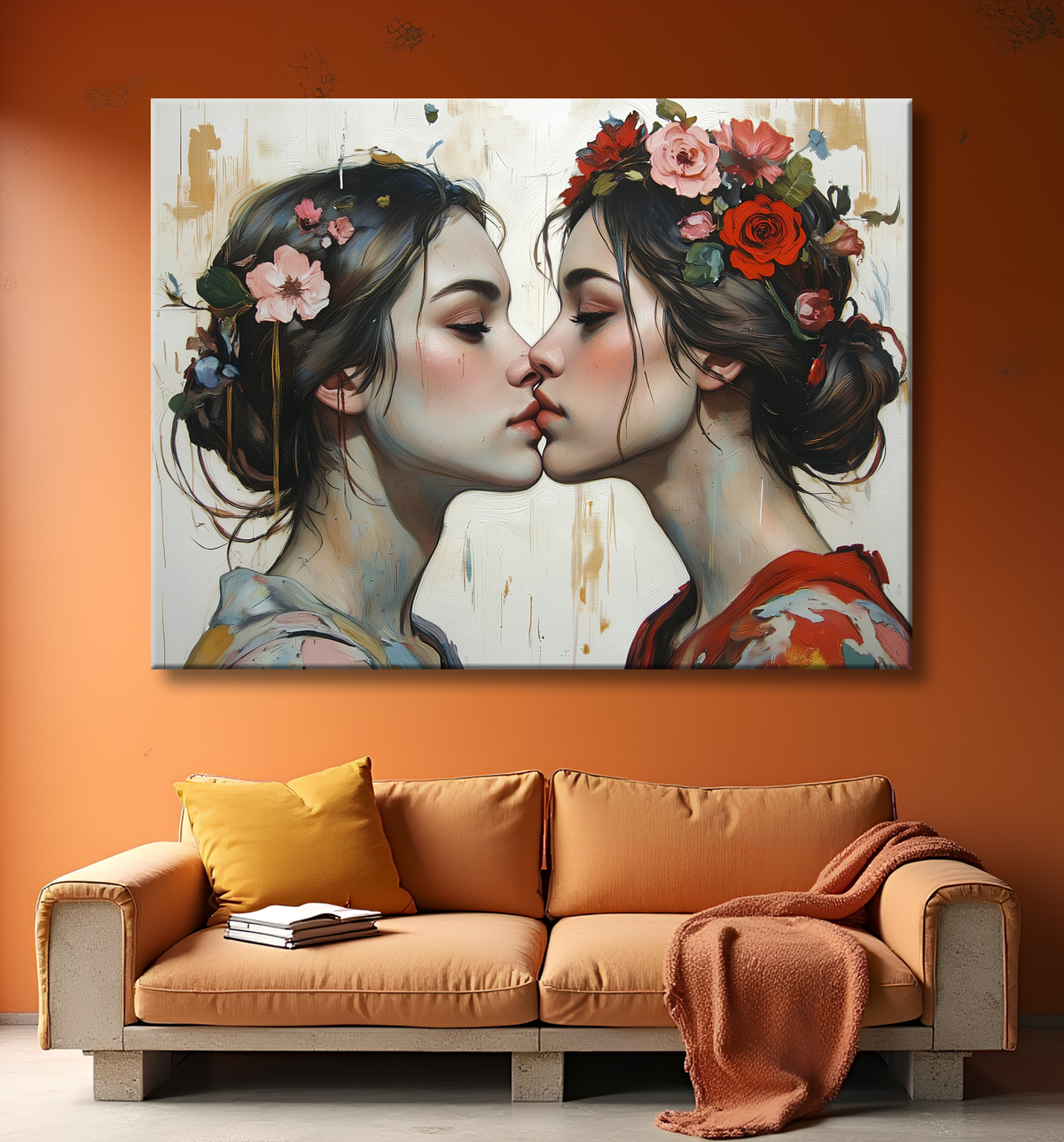 Tableau romantique couple féminin style japonais avec decor