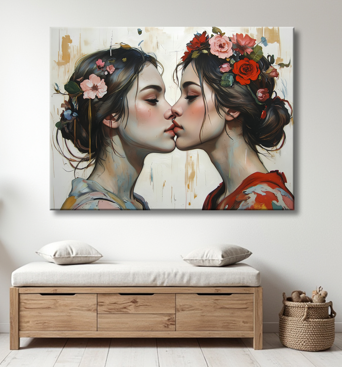 Tableau romantique couple féminin style japonais avec decor