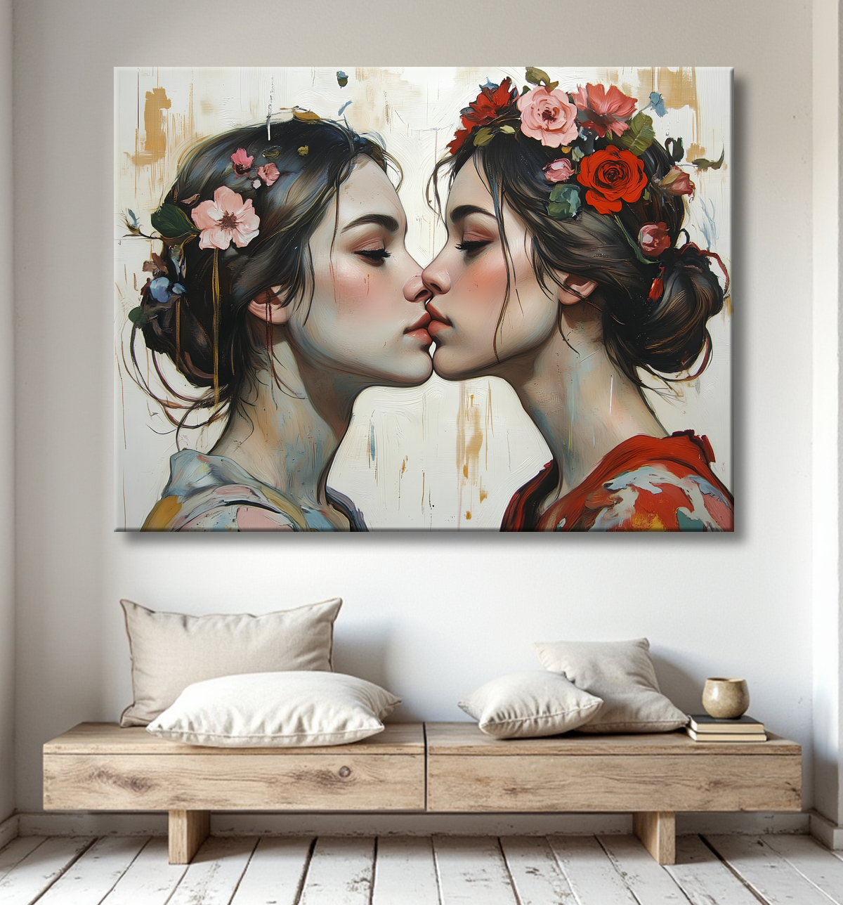 Tableau romantique couple féminin style japonais avec decor