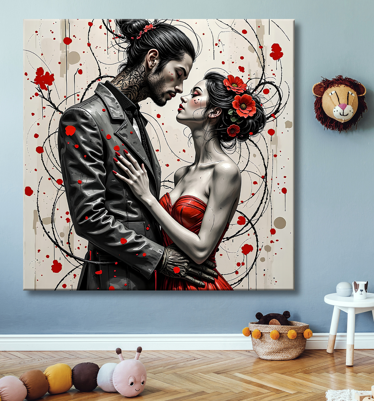 Tableau couple fantastique gothique avec homme tatoué avec decor