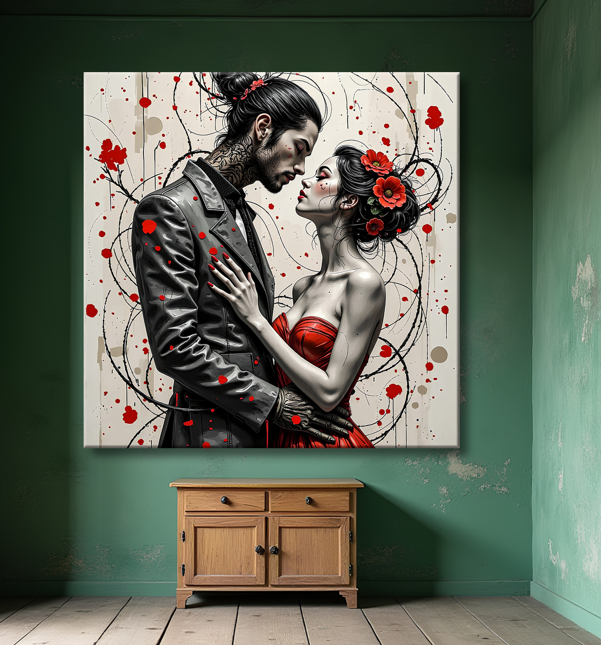 Tableau couple fantastique gothique avec homme tatoué avec decor