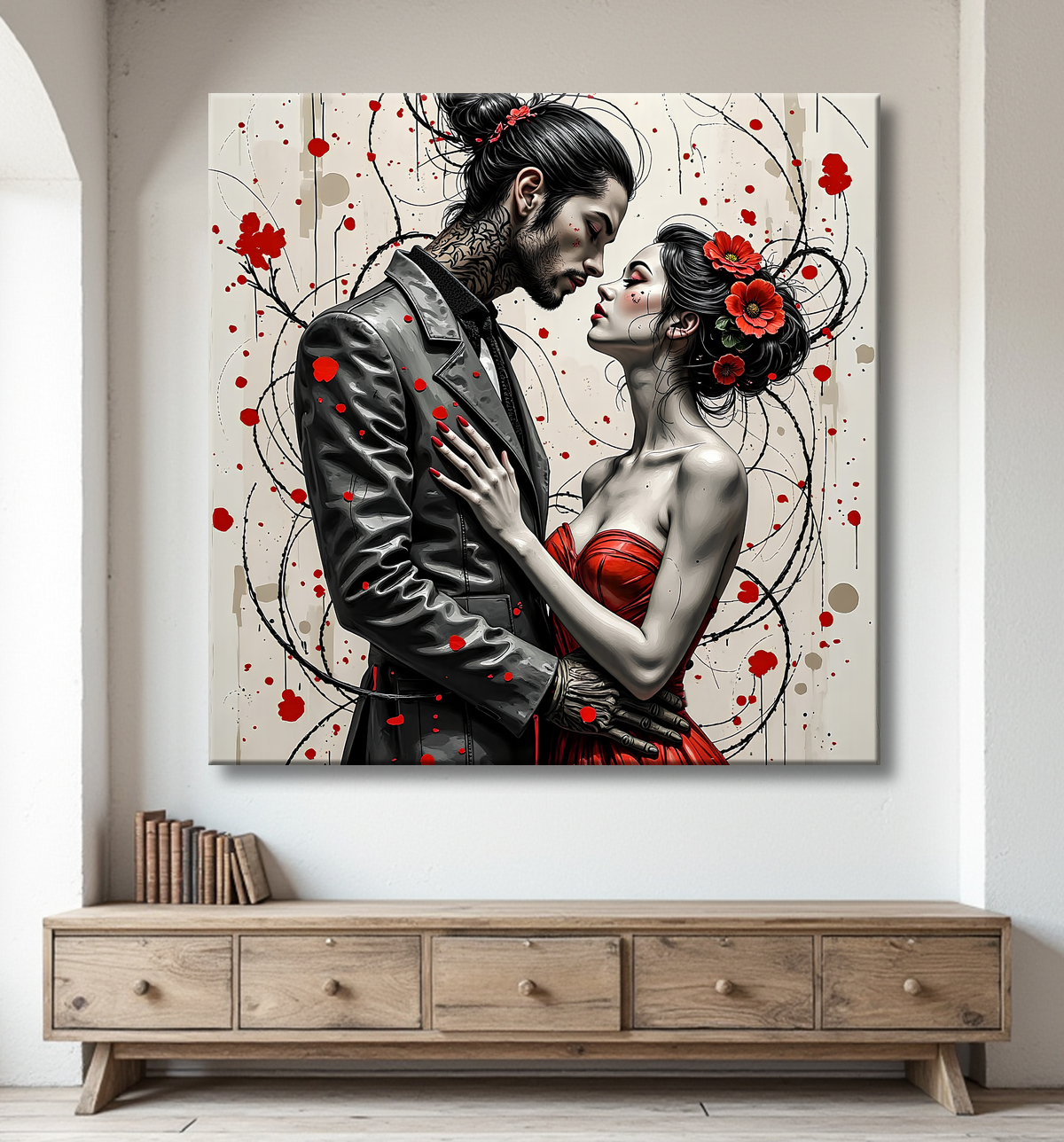 Tableau couple fantastique gothique avec homme tatoué avec decor