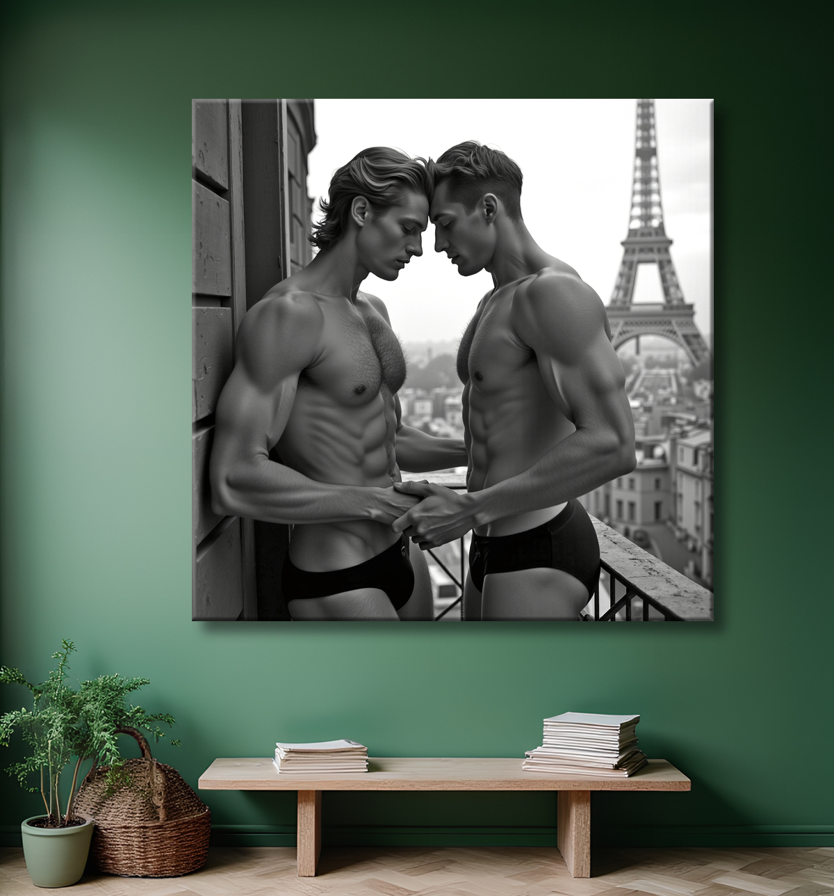 Couple masculin au balcon – tableau noir et blanc chic avec decor