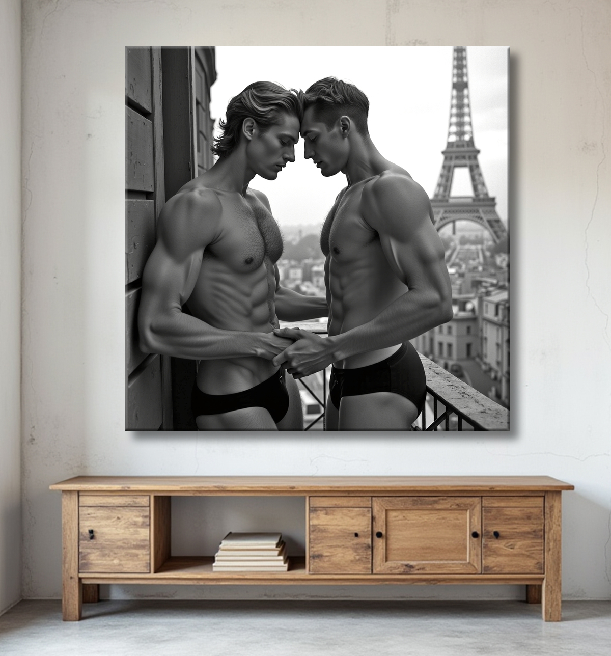 Couple masculin au balcon – tableau noir et blanc chic avec decor