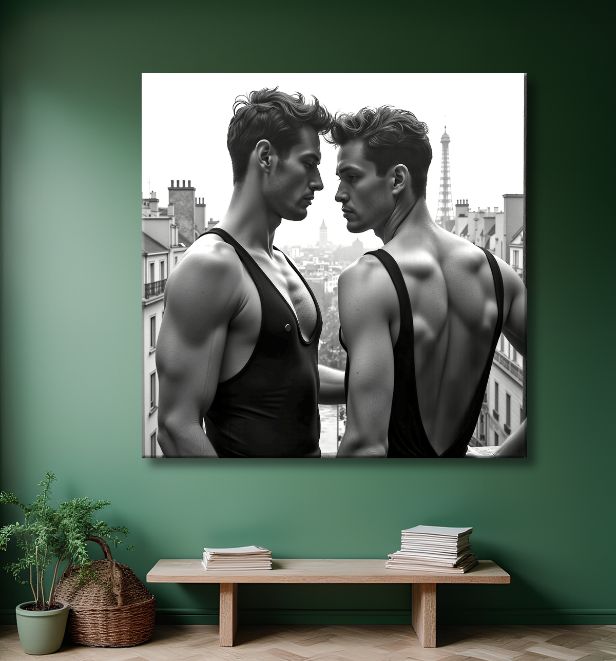 Couple masculin au balcon – tableau noir et blanc chic avec decor