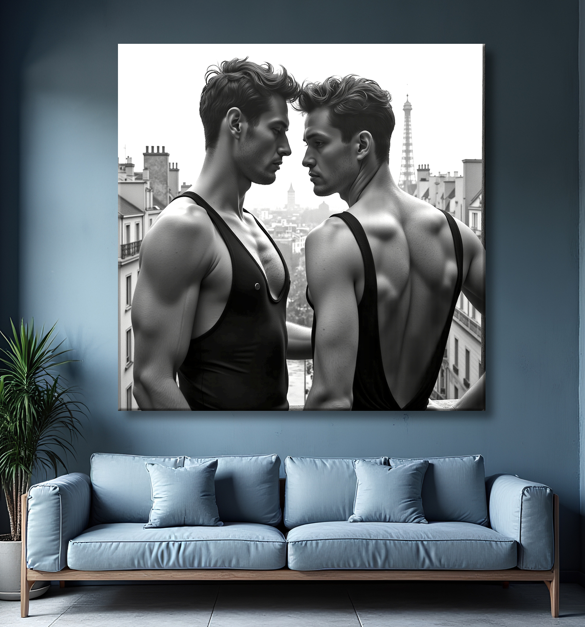 Couple masculin au balcon – tableau noir et blanc chic avec decor