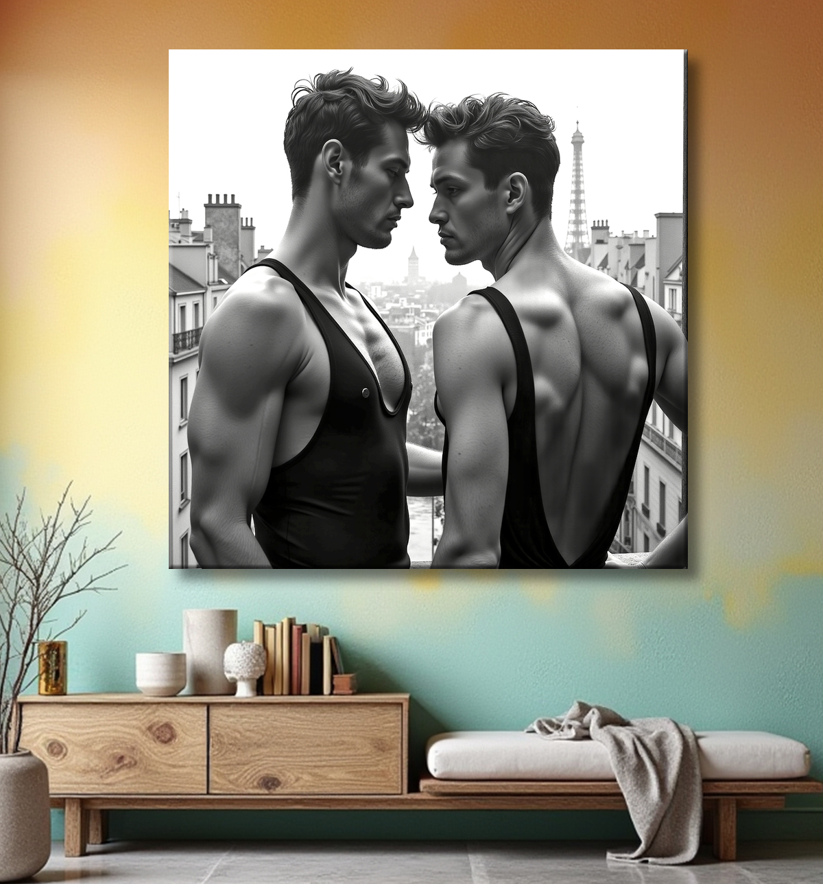 Couple masculin au balcon – tableau noir et blanc chic avec decor