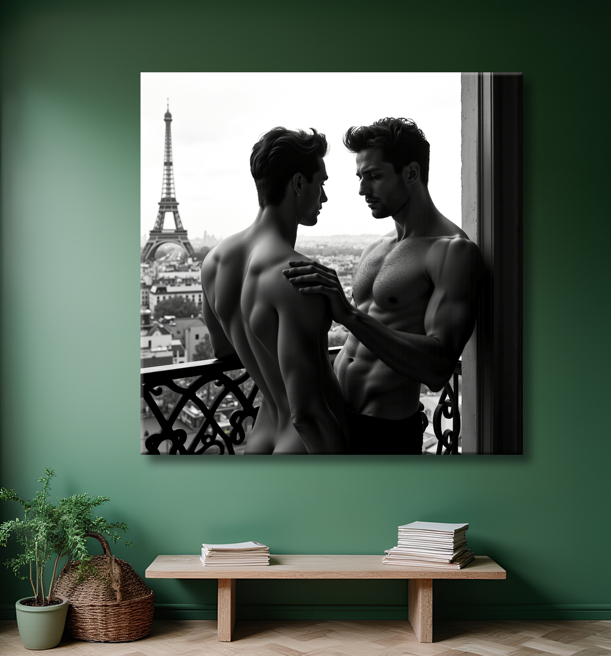 Couple masculin au balcon – tableau noir et blanc chic avec decor