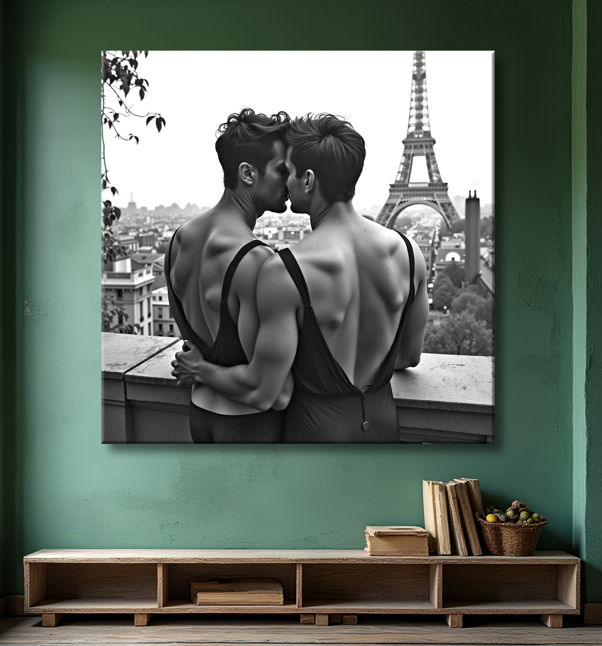Couple masculin au balcon – tableau noir et blanc chic avec decor