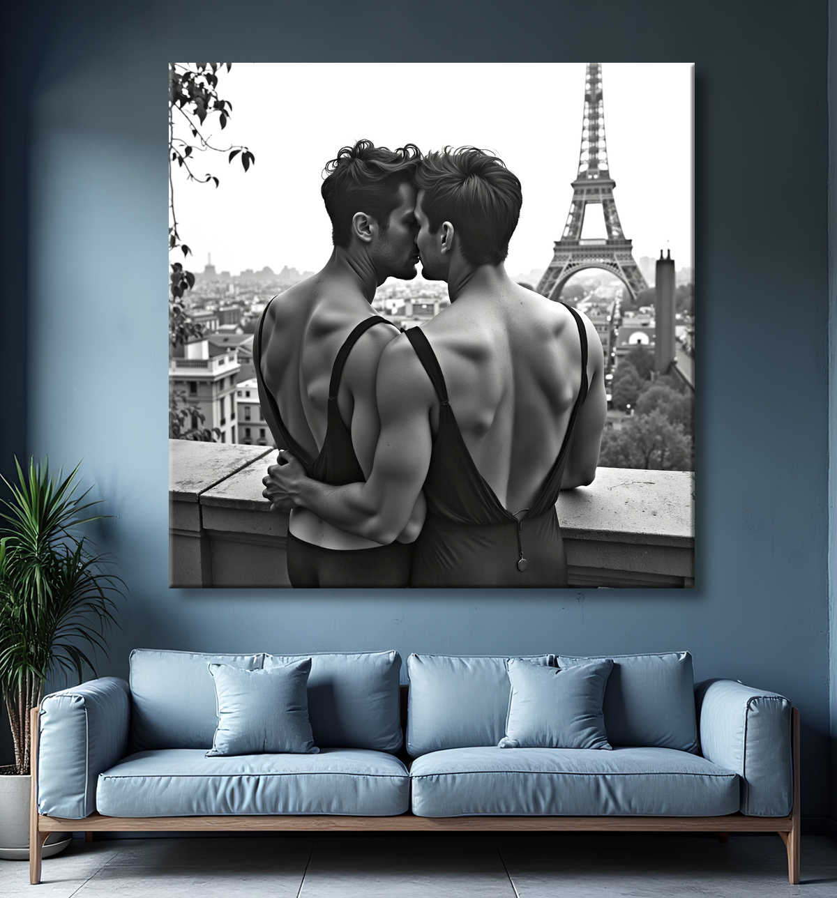 Couple masculin au balcon – tableau noir et blanc chic avec decor