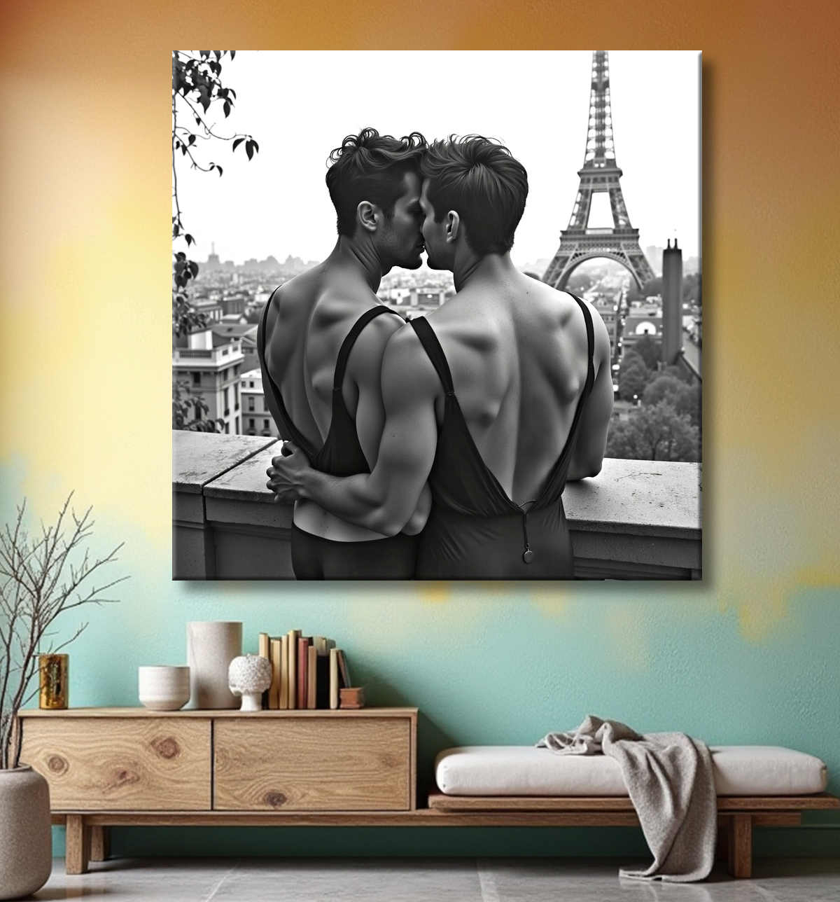 Couple masculin au balcon – tableau noir et blanc chic avec decor