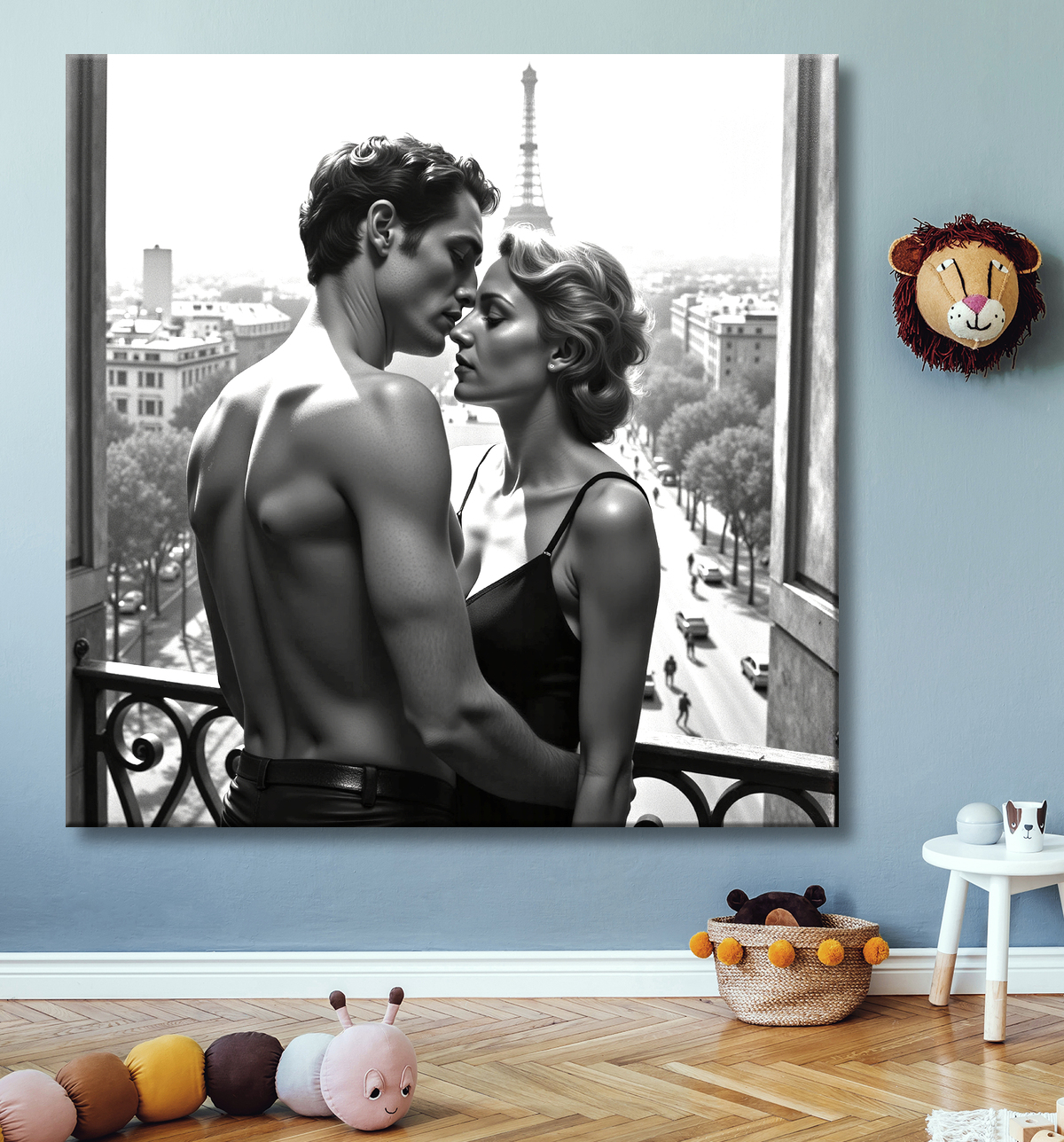 Tableau noir et blanc couple à Paris avec decor