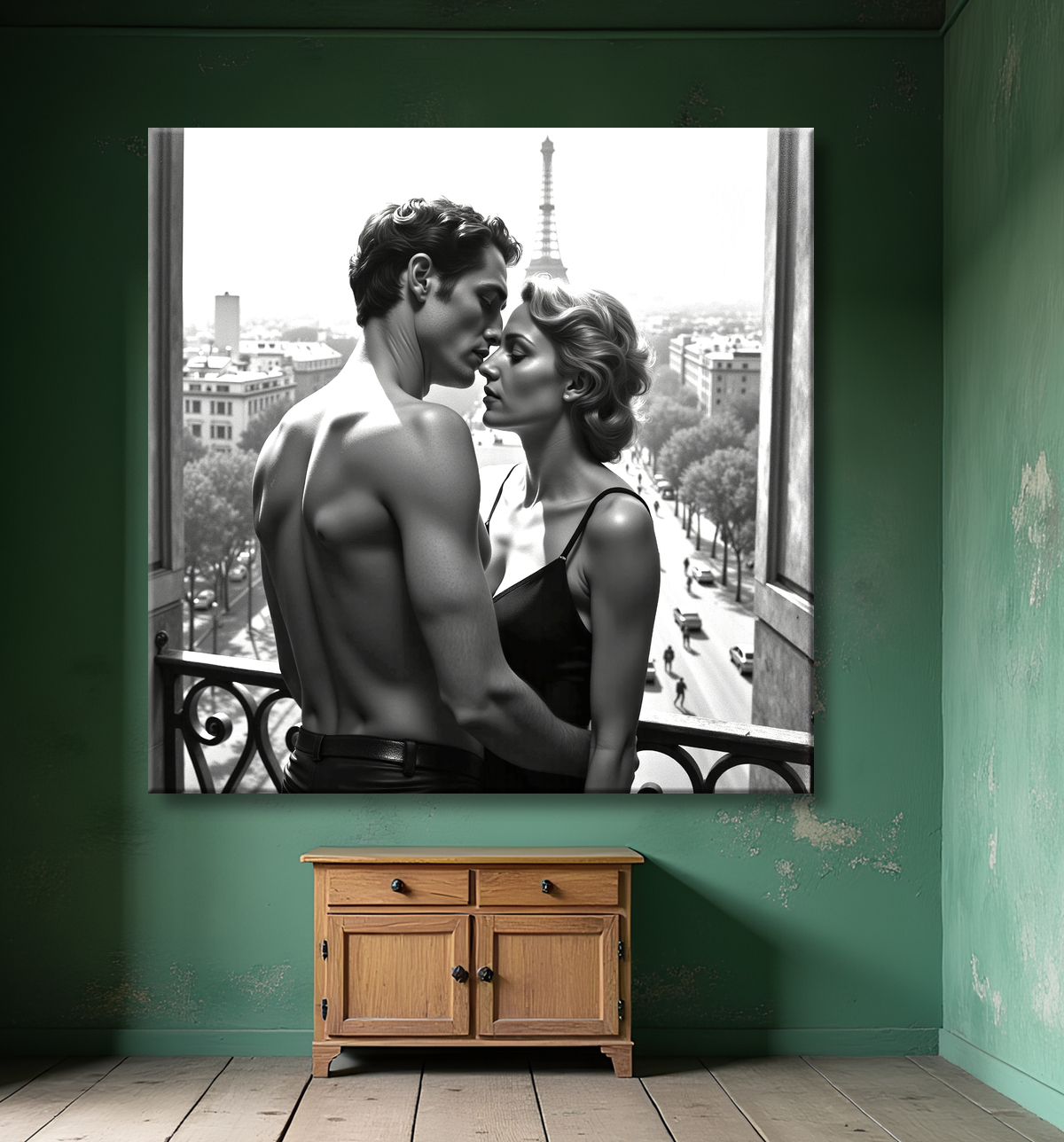 Tableau noir et blanc couple à Paris avec decor