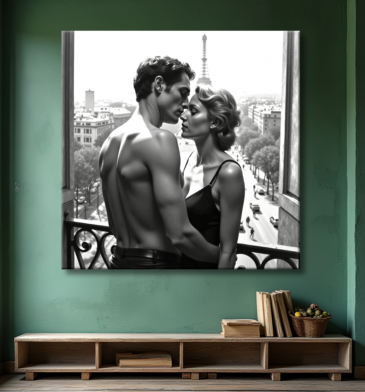 Tableau noir et blanc couple à Paris avec decor