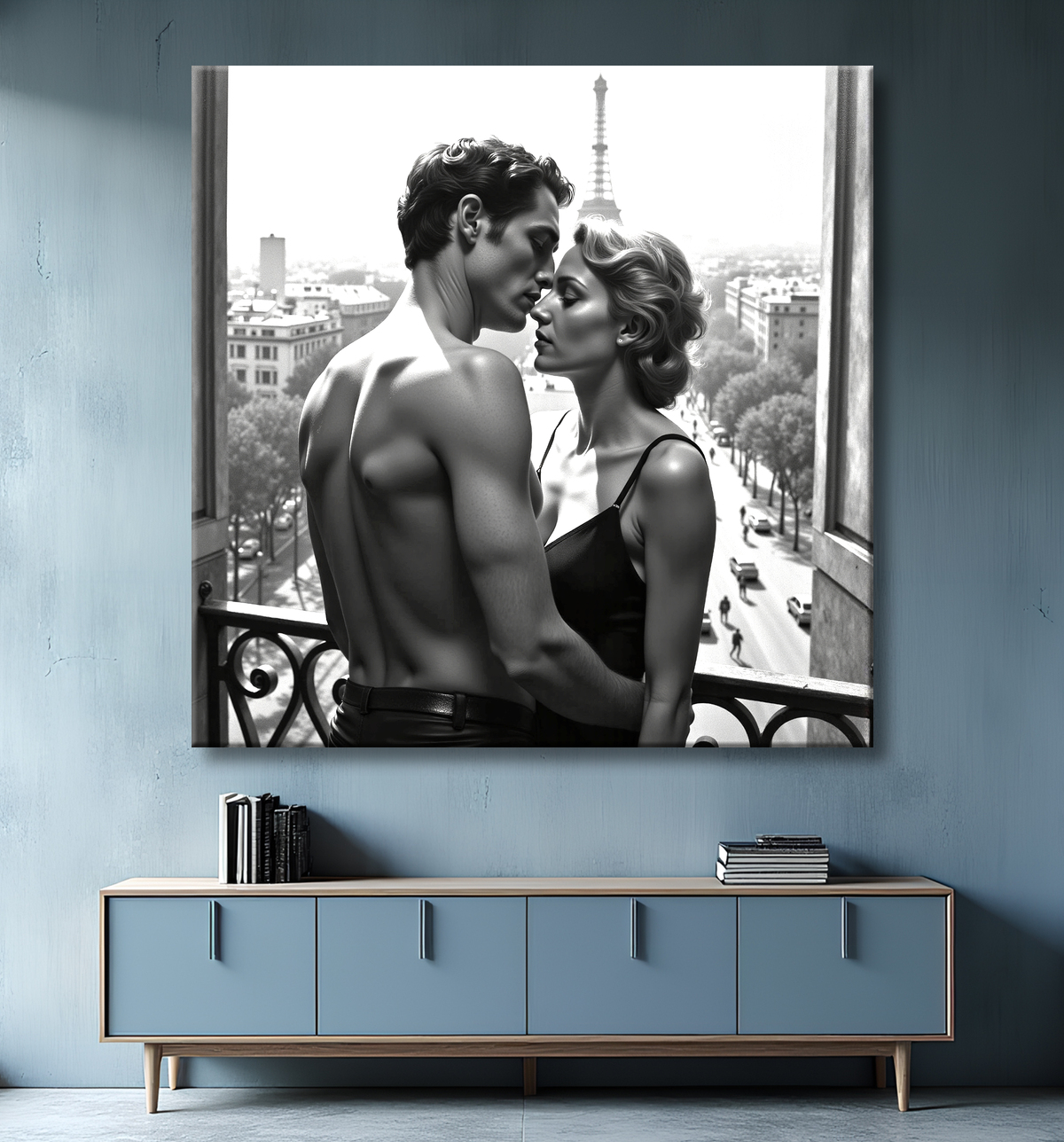 Tableau noir et blanc couple à Paris avec decor