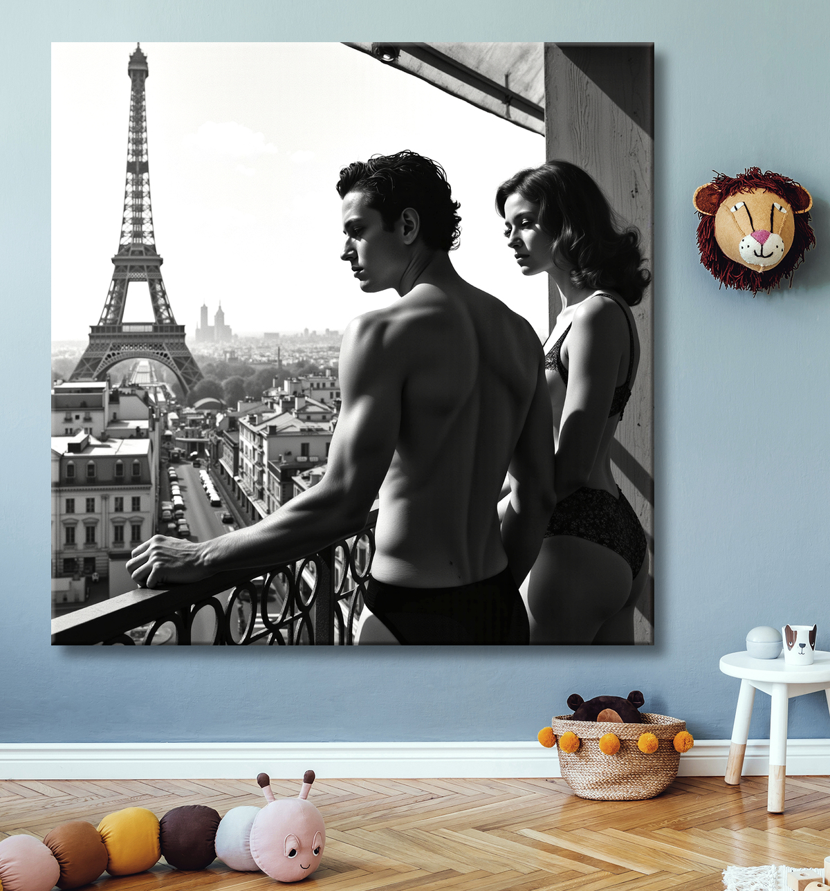 Tableau noir et blanc couple à Paris avec decor
