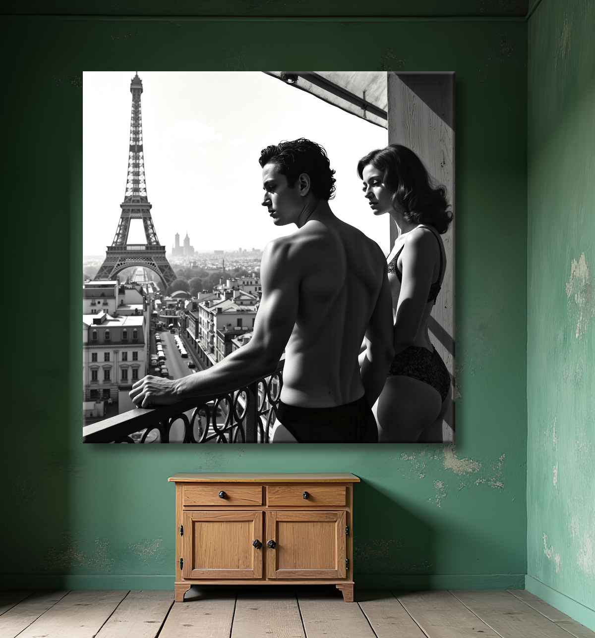 Tableau noir et blanc couple à Paris avec decor