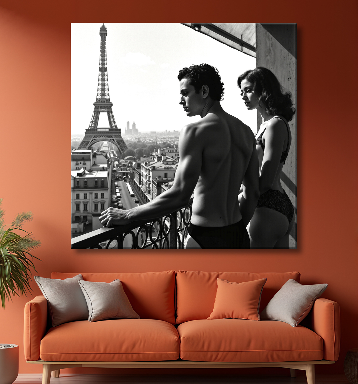 Tableau noir et blanc couple à Paris avec decor