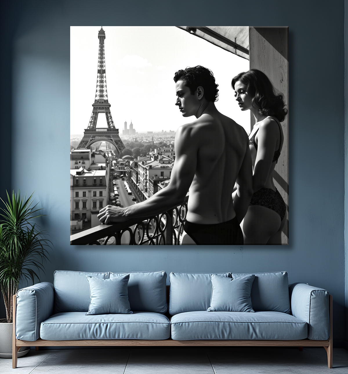Tableau noir et blanc couple à Paris avec decor