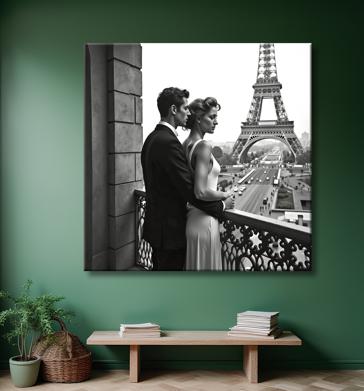 Tableau noir et blanc couple à Paris avec decor