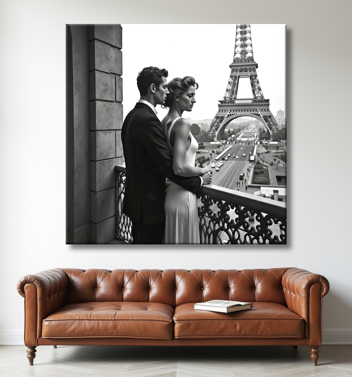 Tableau noir et blanc couple à Paris avec decor
