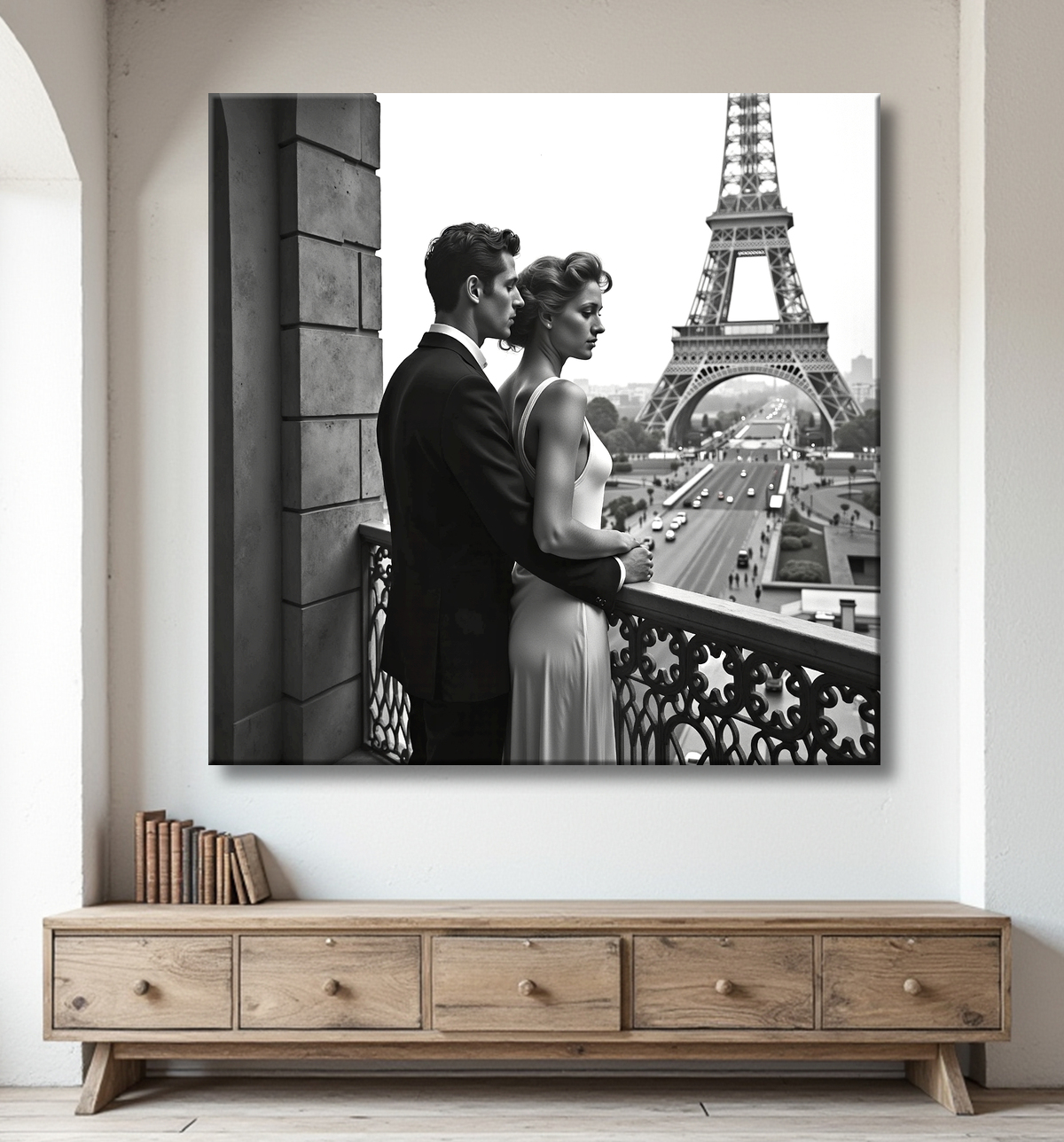 Tableau noir et blanc couple à Paris avec decor