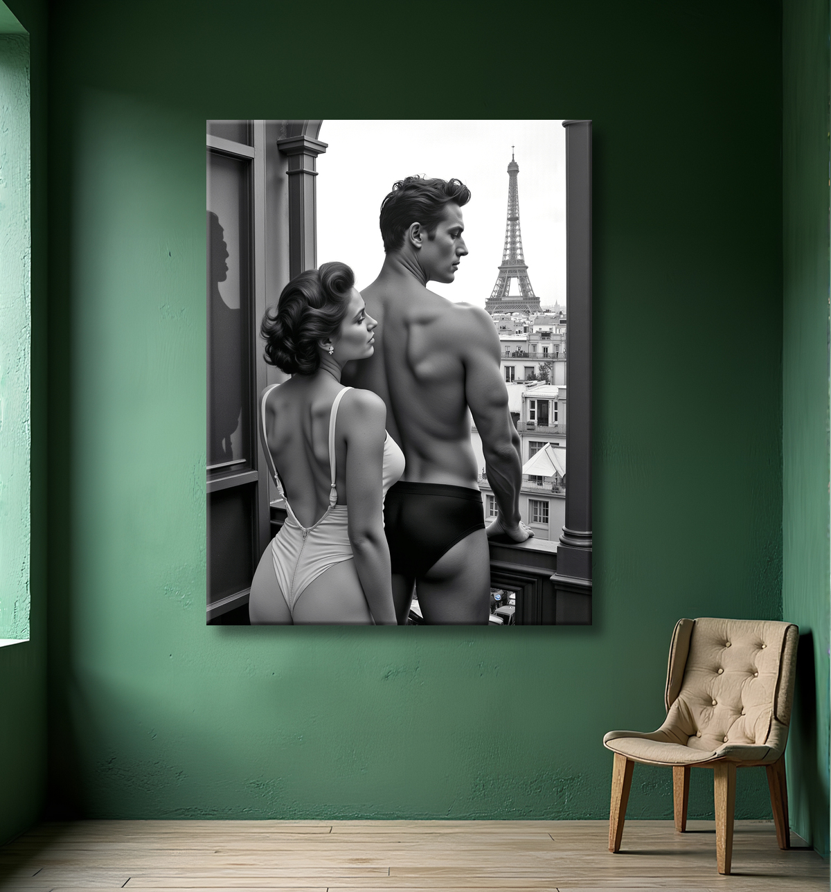 Tableau noir et blanc couple à Paris avec decor
