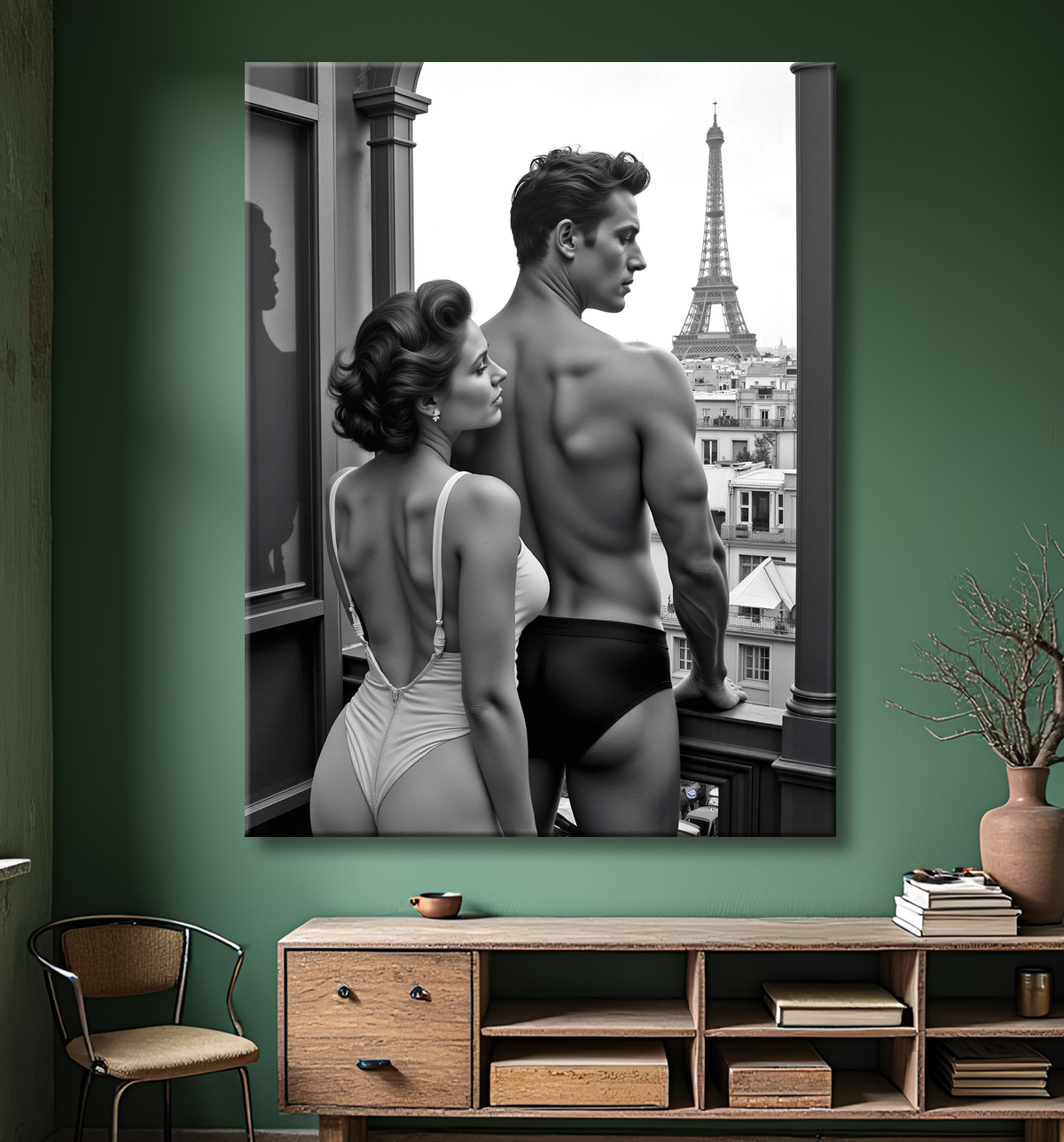 Tableau noir et blanc couple à Paris avec decor