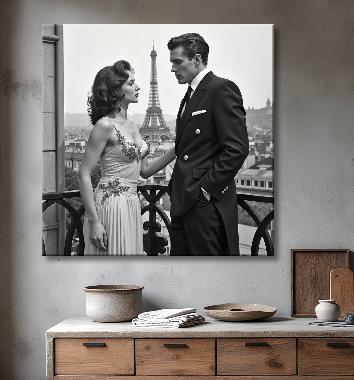 Tableau noir et blanc couple à Paris avec decor