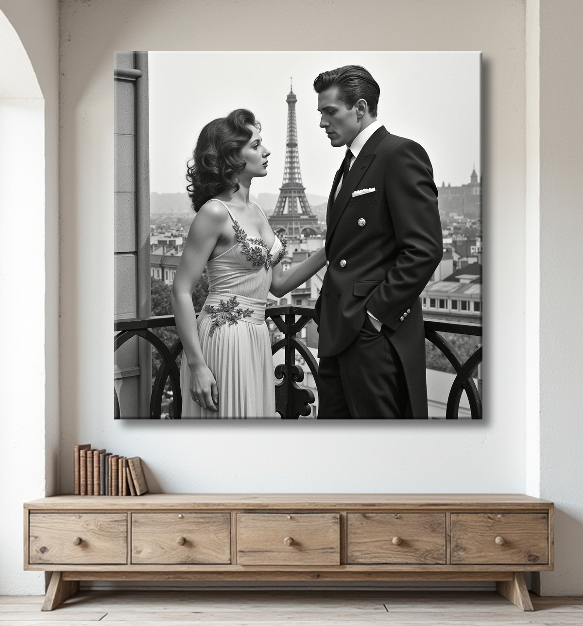 Tableau noir et blanc couple à Paris avec decor