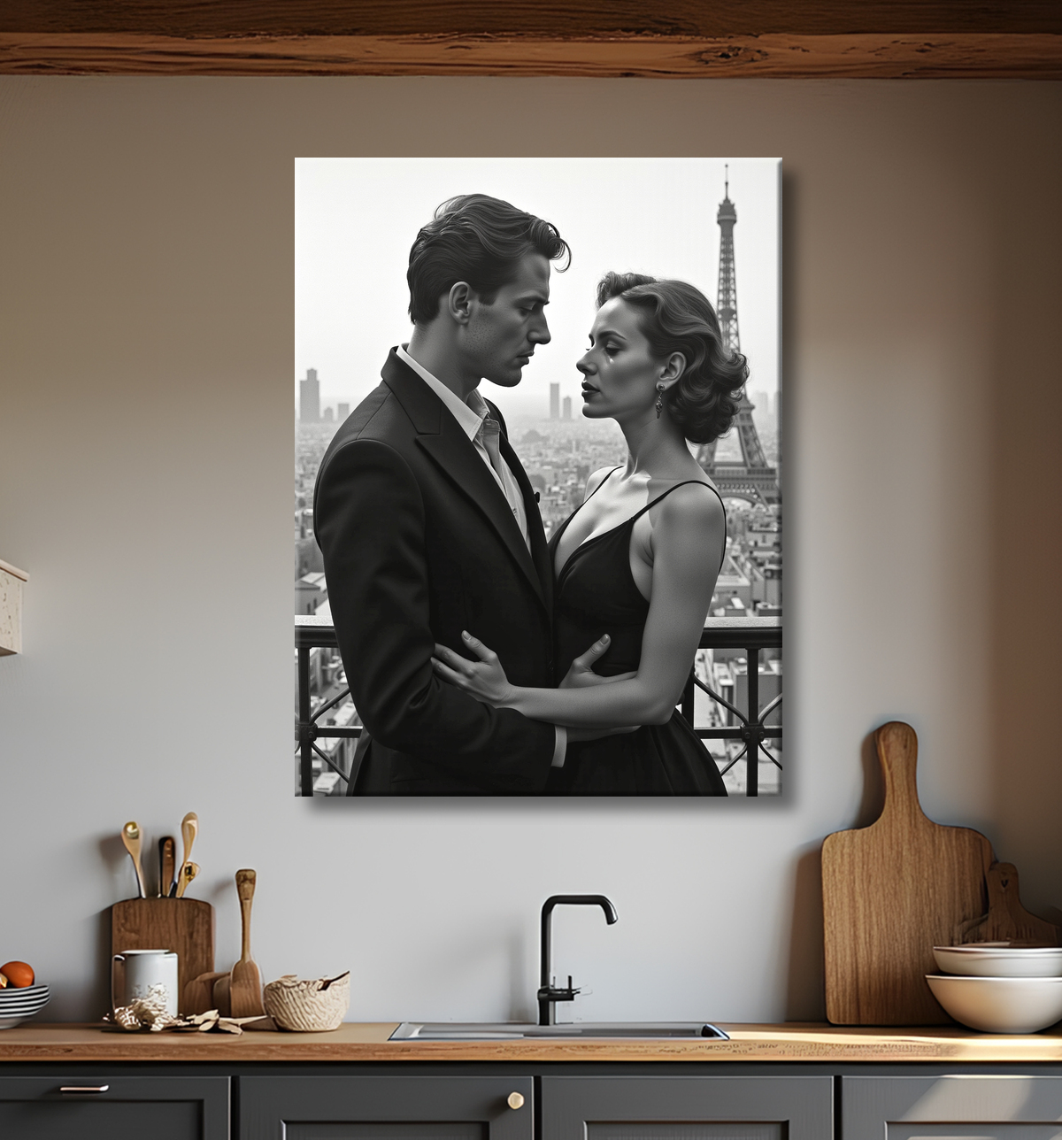 Tableau noir et blanc couple à Paris avec decor