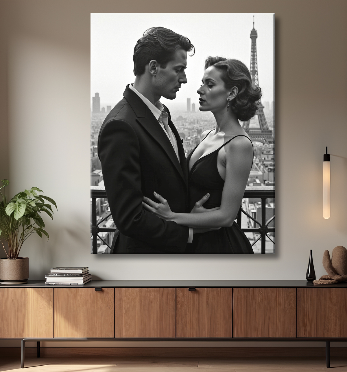 Tableau noir et blanc couple à Paris avec decor
