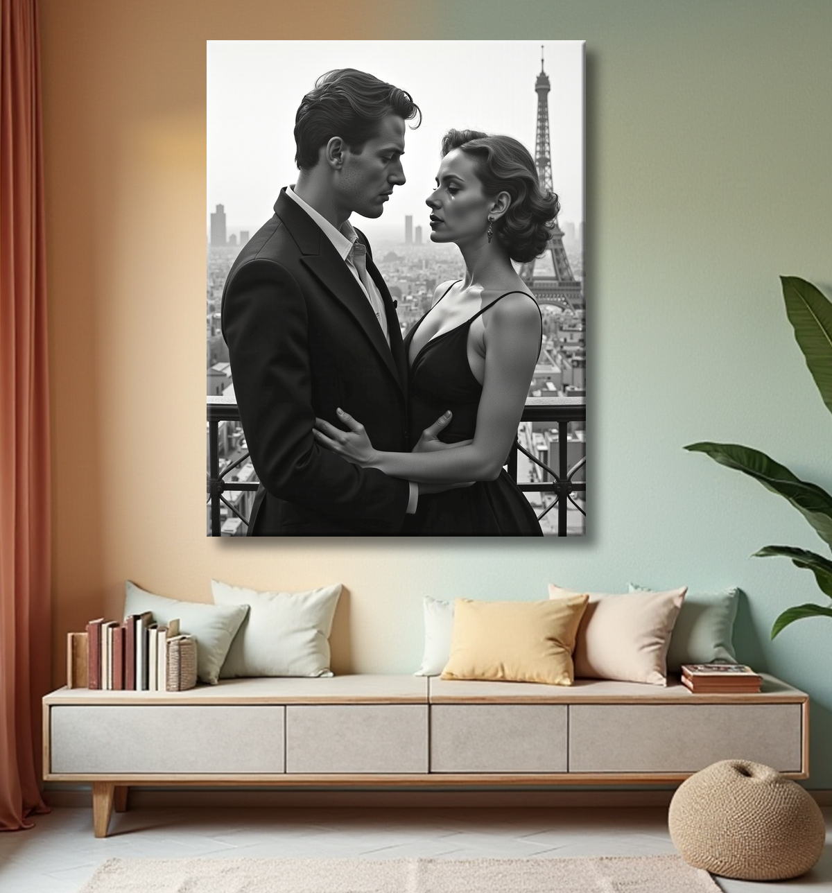 Tableau noir et blanc couple à Paris avec decor