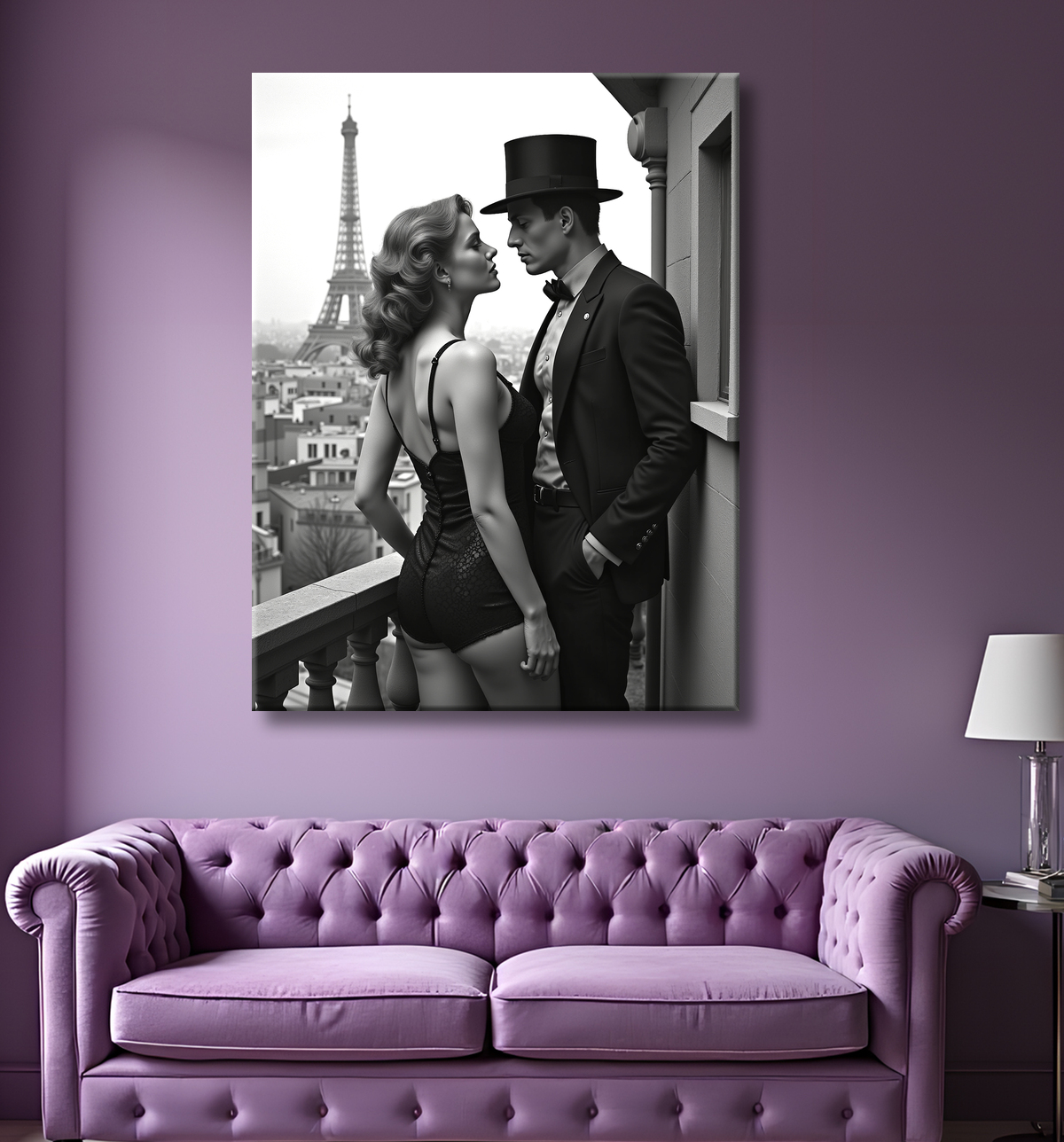 Tableau noir et blanc couple à Paris avec decor